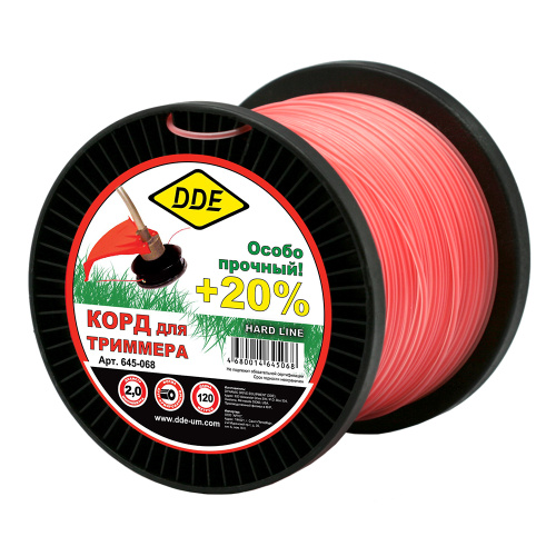 Корд триммерный на катушке DDE "Hard line" (круг армированный) 2,0 мм х 120 м, серый/красный
