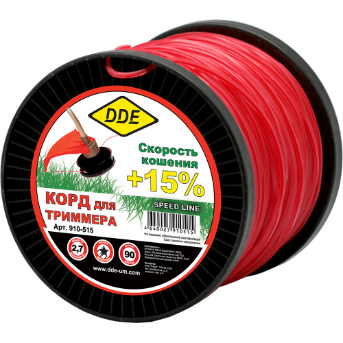Корд триммерный на катушке DDE "Speed line" (звезда) 2,7 мм х 90 м, красный