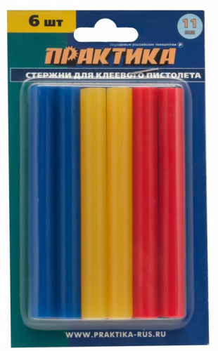 Клей для клеевого пистолета ПРАКТИКА цветные, 3 цвета, 11 х 100 мм, 6шт / блистер* Клей для клеевого пистолета ПРАКТИКА цветные, 3 цвета, 11 х 100 мм, 6шт / блистер*