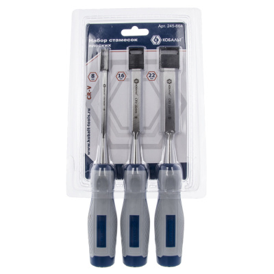 Набор стамесок КОБАЛЬТ плоских: 8, 16, 22 х 140 мм, CR-V, двухкомпонентная рукоятка (3 шт.) блистер