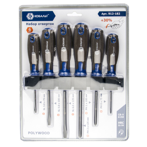 Набор отверток КОБАЛЬТ POLYWOOD, CR-V, древесно-полимерная рукоятки (6 шт.) подвес