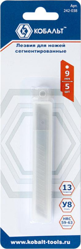 Лезвия сменные КОБАЛЬТ для ножей 9 мм, сегментированные, 13 сегментов, сталь У8 (5 шт.) блистер1/12