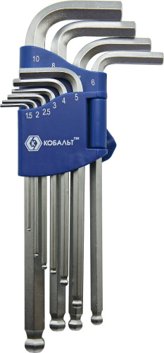 Набор ключей угловых шестигранных КОБАЛЬТ 1.5, 2, 2.5, 3, 4, 5, 6, 7, 8, 10 мм с шаром Cr-V (10 шт.)