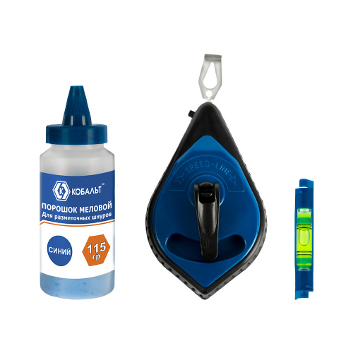 Набор шнур + краска КОБАЛЬТ , длина шнура 30 м., в пластиковом корпусе + синий меловой порошок,115гр