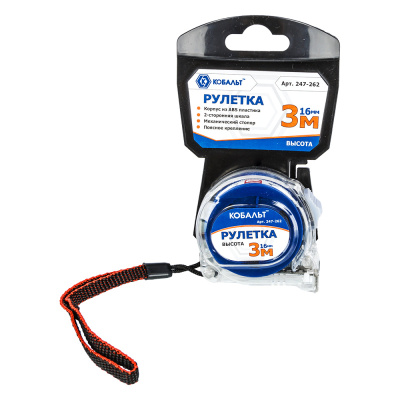 Рулетка КОБАЛЬТ Высота 3м x 16мм прозрачный корпус (мех.стопор, 2-сторонняя шакала) 1/12
