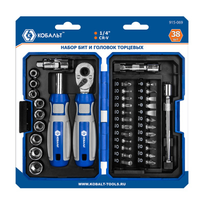 Набор  бит и головок с трещоткой КОБАЛЬТ 38 пр.,CR-V (24 биты, 9 головок, трещотка, отв. рук.,