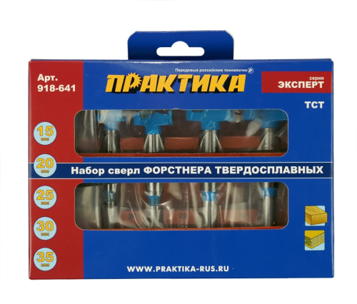 Набор сверл Форстнера ПРАКТИКА 5шт, твердосплавных 15, 20, 25, 30, 35 мм, в деревянном кейсе Набор сверл Форстнера ПРАКТИКА 5шт, твердосплавных 15, 20, 25, 30, 35 мм, в деревянном кейсе