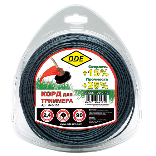 Корд триммерный в блистере DDE "Steel rod line" (крест витой армированный) 2,4 мм х 90 м, голубой/кр