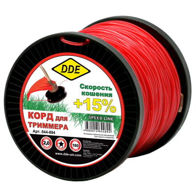 Корд триммерный на катушке DDE "Speed line" (звезда) 2,0 мм х 180 м, красный