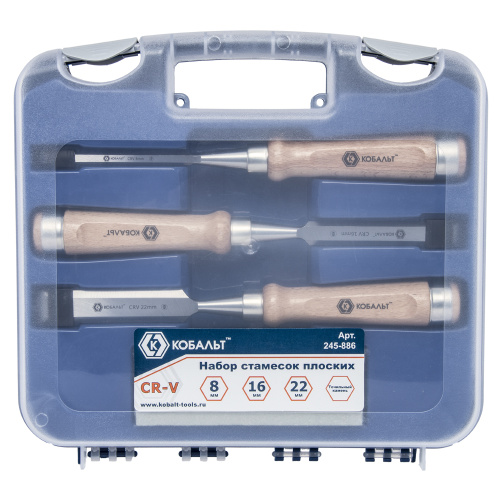 Набор стамесок КОБАЛЬТ плоских: 8, 16, 22 х 140 мм, CR-V, деревянная рукоятка (3 шт.) блистер