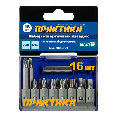 Набор бит ПРАКТИКА "Мастер" 16шт PH, PZ, Torx Tamper, HEX, SL - 25мм, PH, PZ - 50мм, держатель, шт Набор бит ПРАКТИКА "Мастер" 16шт PH, PZ, Torx Tamper, HEX, SL - 25мм, PH, PZ - 50мм, держатель, шт