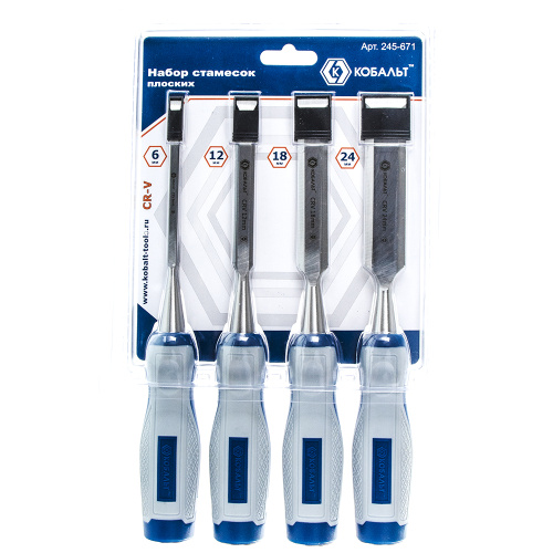 Набор стамесок КОБАЛЬТ плоских: 6, 12, 18, 24 х 140 мм, CR-V, двухкомпонентная рукоятка (4 шт.) блис