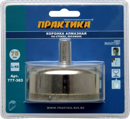 Коронка алмазная ПРАКТИКА "Мастер" по стеклу и керамике  75 мм (1шт) блистер*