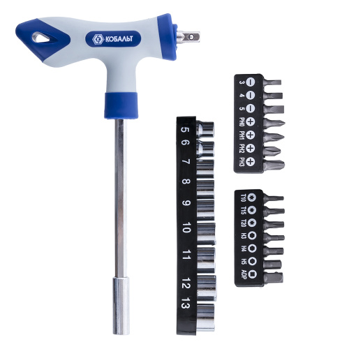 Отвертка рукоятка КОБАЛЬТ Т-образная с набором бит и торцевых головок 1/4", CR-V (24 шт.) блистер