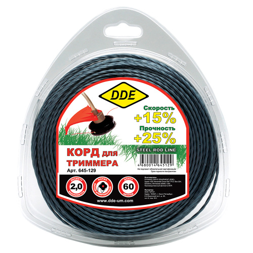 Корд триммерный в блистере DDE "Steel rod line" (крест витой армированный) 2,0 мм х 60 м, голубой/кр