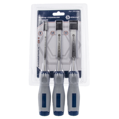 Набор стамесок КОБАЛЬТ плоских: 8, 16, 22 х 140 мм, CR-V, двухкомпонентная рукоятка (3 шт.) блистер