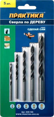 Набор сверл по дереву ПРАКТИКА "Сделай сам", 5 шт, 3,4,5,6,8 мм, блистер* Набор сверл по дереву ПРАКТИКА "Сделай сам", 5 шт, 3,4,5,6,8 мм, блистер*