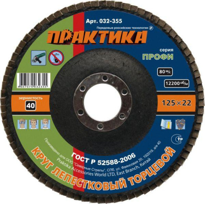 Круг лепестковый шлифовальный ПРАКТИКА 125 х 22 мм Р 40 (1шт.) серия Профи***** Круг лепестковый шлифовальный ПРАКТИКА 125 х 22 мм Р 40 (1шт.) серия Профи*****