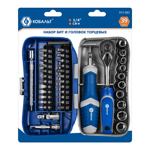 Набор  бит и головок с трещоткой КОБАЛЬТ 39 пр.,CR-V (24 биты, 9 головок, трещотка, отв.рук., 2 удл.