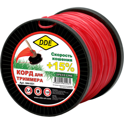 Корд триммерный на катушке DDE "Speed line" (звезда) 2,4 мм х 120 м, красный