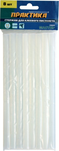 Клей для клеевого пистолета ПРАКТИКА белый, прозрачный, 11 х 200 мм, 8 шт / пакет с подвесом  Клей для клеевого пистолета ПРАКТИКА белый, прозрачный, 11 х 200 мм, 8 шт / пакет с подвесом