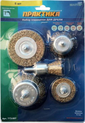 Набор кордщеток ПРАКТИКА 5 шт для дрели, мягкие, 50,75 чаш, 50,75 радиал, 25мм кисть, блистер**