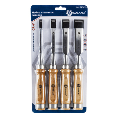 Набор стамесок КОБАЛЬТ плоских: 6, 12, 18, 24 х 140 мм, CR-V, деревянная рукоятка (4 шт.) блистер