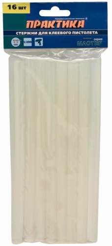 Клей для клеевого пистолета ПРАКТИКА белый, прозрачный, 11 х 200 мм, 16 шт / пакет с подвесом* Клей для клеевого пистолета ПРАКТИКА белый, прозрачный, 11 х 200 мм, 16 шт / пакет с подвесом*