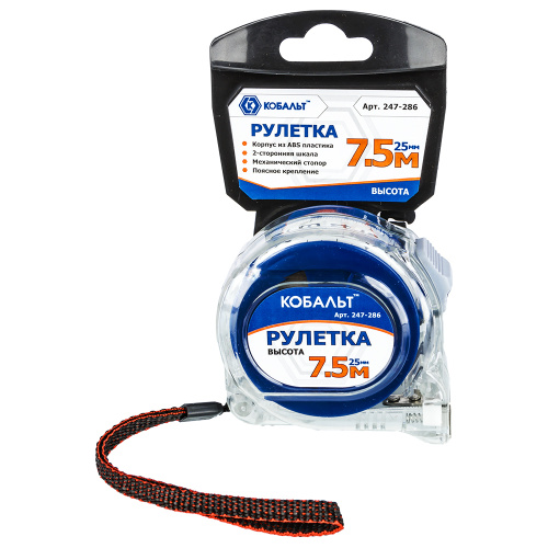 Рулетка КОБАЛЬТ Высота 7,5м x 25мм прозрачный корпус (мех.стопор,2-сторонняя шакала, белое матов)1/6 Рулетка КОБАЛЬТ Высота 7,5м x 25мм прозрачный корпус (мех.стопор,2-сторонняя шакала, белое матов)1/6