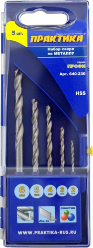 Набор сверл по металлу ПРАКТИКА "Профи", 5 шт, 2,3,4,5,6 мм, ПРО кассета Набор сверл по металлу ПРАКТИКА "Профи", 5 шт, 2,3,4,5,6 мм, ПРО кассета