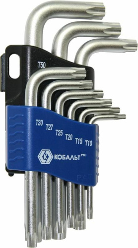 Набор ключей угловых КОБАЛЬТ Tamper TORX T10, T15, T20, T25, T27, T30, T40, T45, T50  Cr-V (9 шт.)  Набор ключей угловых КОБАЛЬТ Tamper TORX T10, T15, T20, T25, T27, T30, T40, T45, T50  Cr-V (9 шт.)