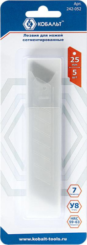 Лезвия сменные КОБАЛЬТ для ножей 25 мм, сегментированные, 7 сегментов, сталь У8 (5 шт.) блистер1/12