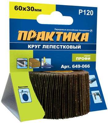Круг лепестковый с оправкой ПРАКТИКА 60х30мм, P120, хвостовик 6 мм, серия Профи Круг лепестковый с оправкой ПРАКТИКА 60х30мм, P120, хвостовик 6 мм, серия Профи
