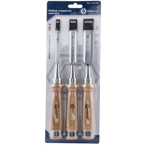 Набор стамесок КОБАЛЬТ плоских: 8, 16, 22 х 140 мм, CR-V, двухкомпонентная рукоятка, точильн. камень
