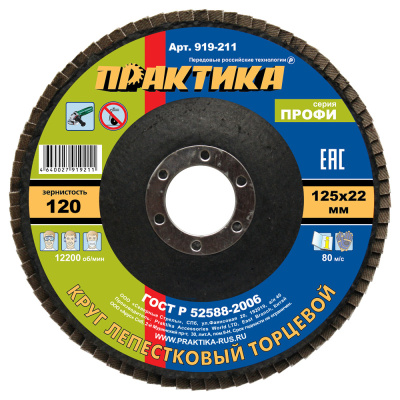 Круг лепестковый шлифовальный ПРАКТИКА 125 х 22 мм Р120 (1шт.) серия Профи Круг лепестковый шлифовальный ПРАКТИКА 125 х 22 мм Р120 (1шт.) серия Профи