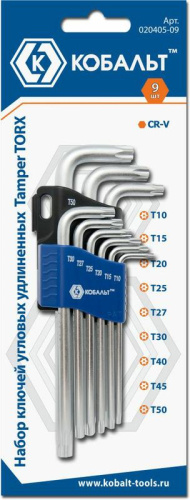 Набор ключей угловых КОБАЛЬТ удлиненных Tamper TORX T10, T15, T20, T25, T27, T30, T40, T45,T50(9шт) Набор ключей угловых КОБАЛЬТ удлиненных Tamper TORX T10, T15, T20, T25, T27, T30, T40, T45,T50(9шт)
