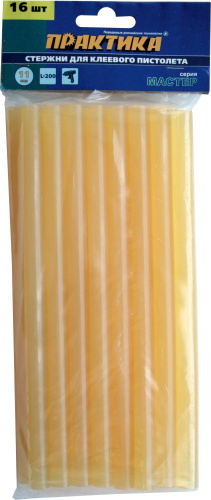 Клей для клеевого пистолета ПРАКТИКА желтый, прозрачный, 11 х 200 мм, 16 шт / пакет с подвесом Клей для клеевого пистолета ПРАКТИКА желтый, прозрачный, 11 х 200 мм, 16 шт / пакет с подвесом