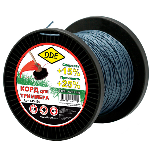 Корд триммерный на катушке DDE "Steel rod line" (крест витой армированный) 2,0 мм х 120 м, голубой/к