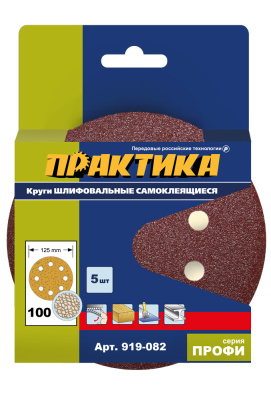 Круги шлифовальные на липкой основе ПРАКТИКА 8 отверстий, 125 мм P 100 (5шт.) картонный подвес  Круги шлифовальные на липкой основе ПРАКТИКА 8 отверстий, 125 мм P 100 (5шт.) картонный подвес