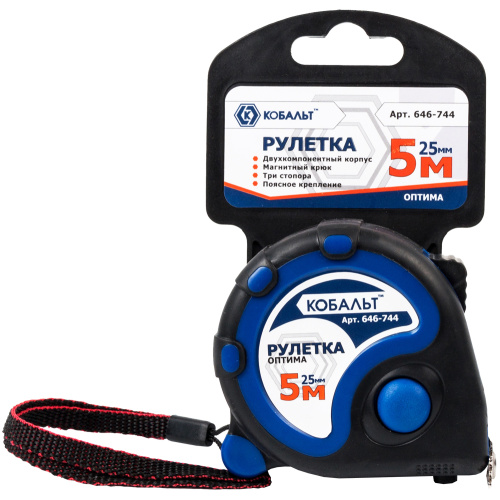 Рулетка КОБАЛЬТ Оптима 5м x 25мм двухкомпонентный корпус (тройной стопор, магн. крючок) Рулетка КОБАЛЬТ Оптима 5м x 25мм двухкомпонентный корпус (тройной стопор, магн. крючок)