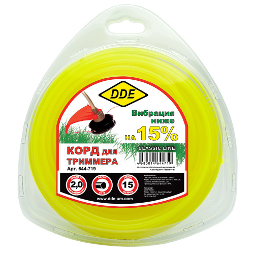 Корд триммерный в блистере DDE "Classic line" (круг) 2,0 мм х 15 м, желтый