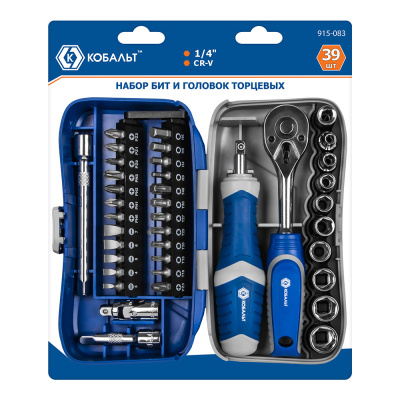 Набор  бит и головок с трещоткой КОБАЛЬТ 39 пр.,CR-V (24 биты, 9 головок, трещотка, отв.рук., 2 удл.