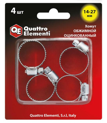 Хомут обжимной QUATTRO ELEMENTI 14-27 мм, оцинкованный, 4 шт в блистере 