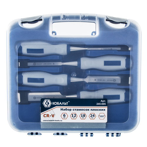 Набор стамесок КОБАЛЬТ плоских: 6, 12, 18, 24 х 140 мм, CR-V, двухкомпонентная рукоятка, точильн. ка