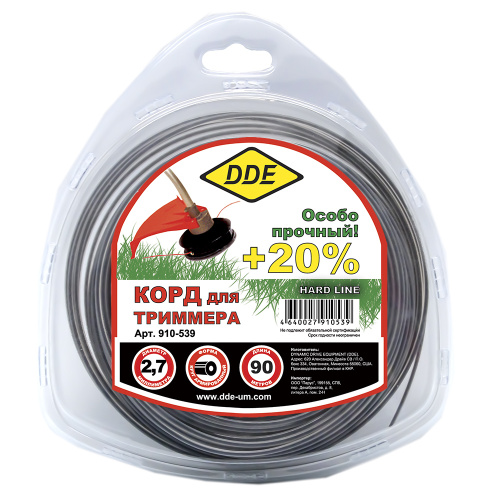 Корд триммерный в блистере DDE "Hard line" (круг армированный) 2,7 мм х 90 м, серый/красный