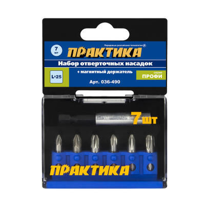 Набор бит ПРАКТИКА 7пред,PH1,PH2,PH3,PZ1,PZ2,PZ3 x 25 мм, магнитный дер-ль 60 мм, пласт.кассет ПРОФИ