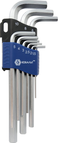 Набор ключей угловых шестигранных КОБАЛЬТ 1.5, 2, 2.5, 3, 4, 5, 6, 8, 10 мм Cr-V (9 шт.) блистер