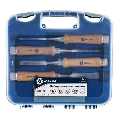 Набор стамесок КОБАЛЬТ плоских: 6, 12, 18, 24 х 140 мм, CR-V, деревянная рукоятка, точильн. камень (