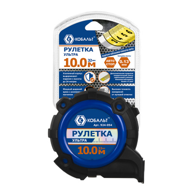 Рулетка КОБАЛЬТ УЛЬТРА 10м х 32мм, обрезиненный корпус, нейл. покр. ленты 0.13 мм, широк. магнит