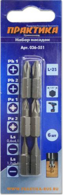 Набор бит ПРАКТИКА "Профи" 6шт PH1,2; PZ1,2; LS 2 шт x 25мм, блистер*
